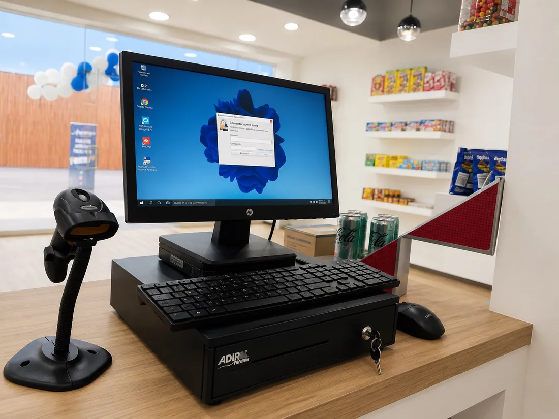 Instalación KASSE con monitor, lector, impresora y cajón en tienda
